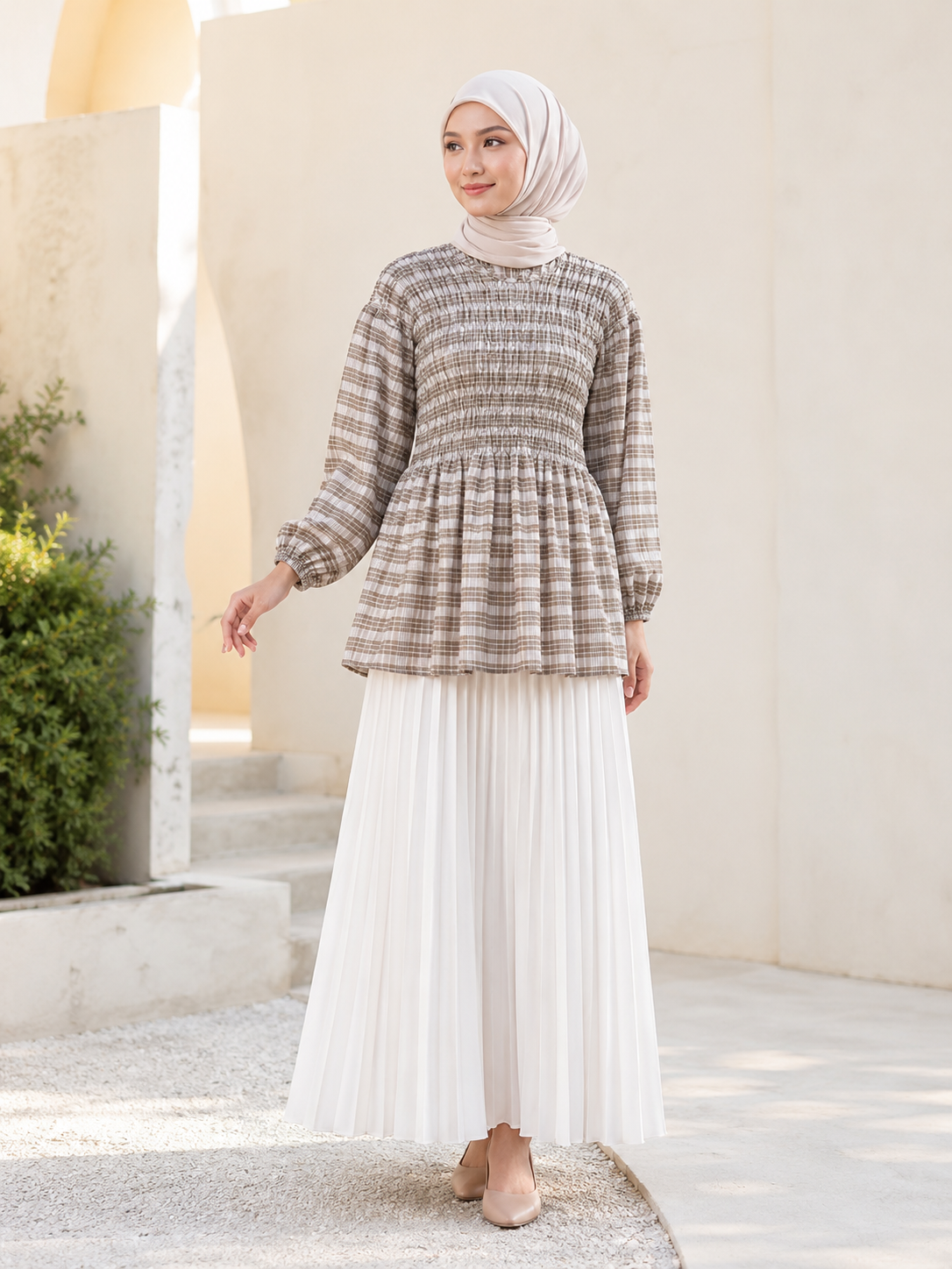 Leona Smocked Checkered Top