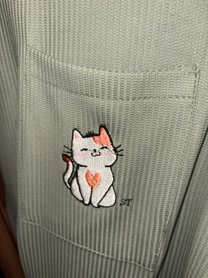 Molly Waffle Fabric Top with Cat Embroided