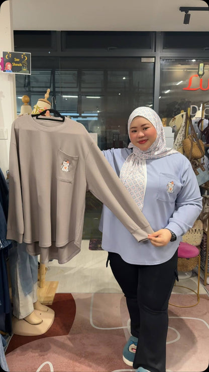Molly Waffle Fabric Top with Cat Embroided